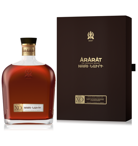 Ararat Nairi XO Armenian Brandy bottle with dark brown gift box, featuring premium gold detailing and elegant square decanter design.