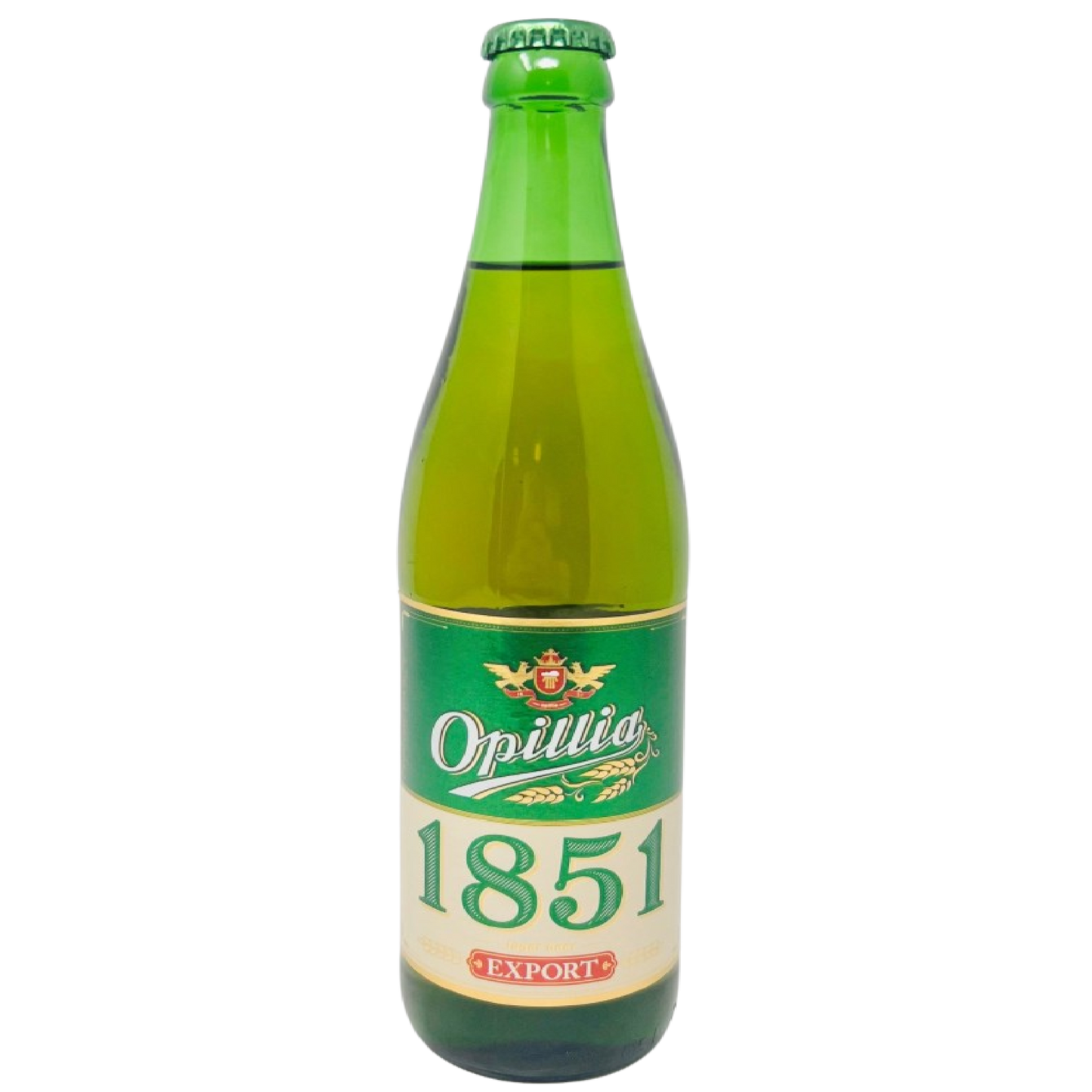 Green glass bottle of Opillia 1851 Export lager beer with a green and white label, featuring gold accents and the text "Opillia 1851 Export".