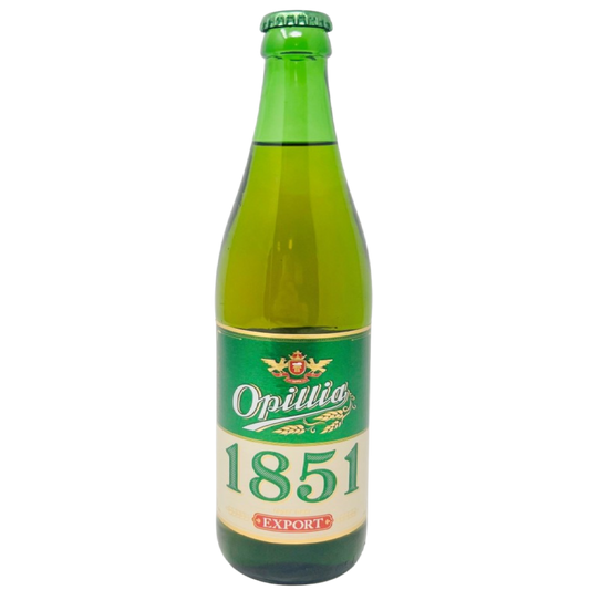Green glass bottle of Opillia 1851 Export lager beer with a green and white label, featuring gold accents and the text "Opillia 1851 Export".