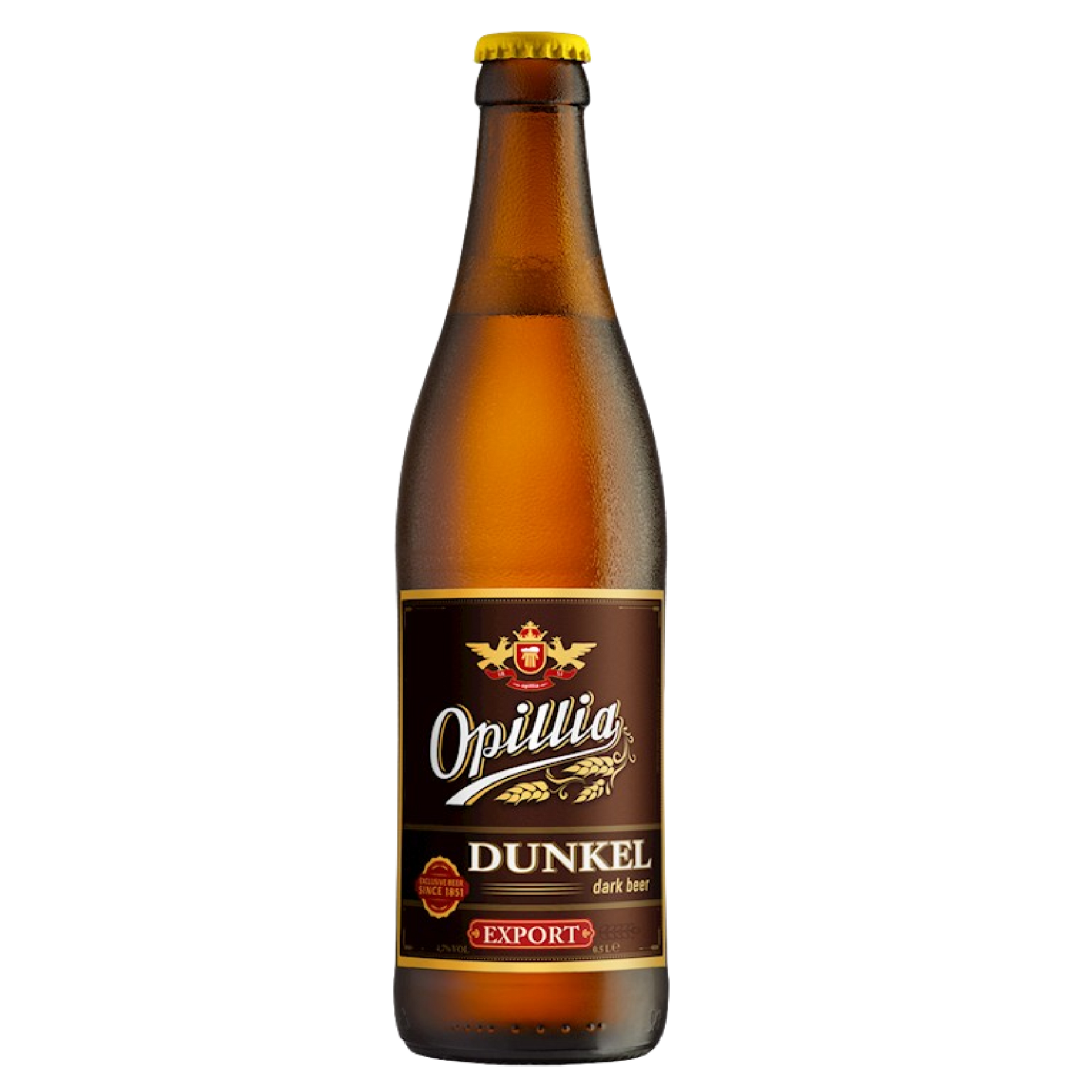 Amber glass bottle of Opillia Dunkel dark beer with a rich brown label featuring gold accents and the text “Opillia Dunkel Export”.