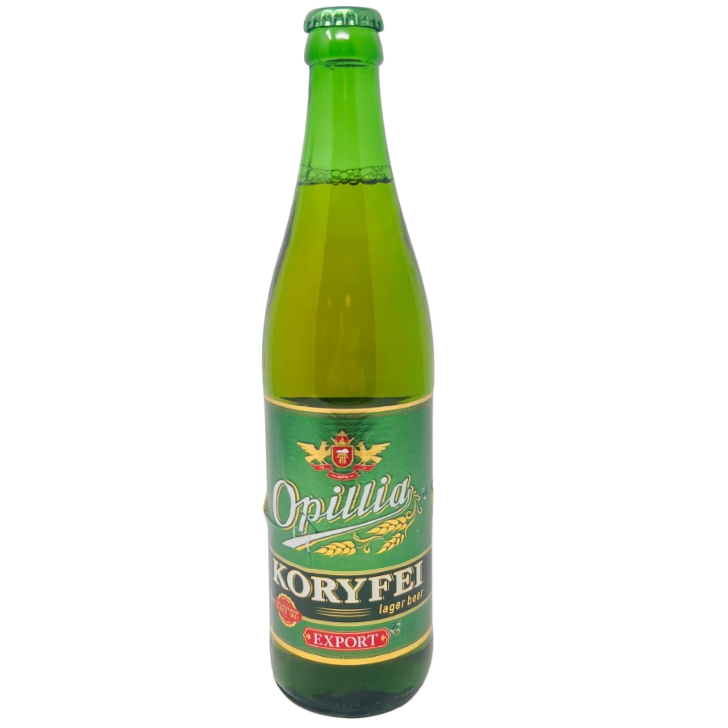 Green glass bottle of Opillia Koryfei lager beer with a bold green and gold label featuring the text “Opillia Koryfei Lager Beer Export”.