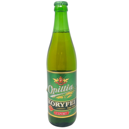 Green glass bottle of Opillia Koryfei lager beer with a bold green and gold label featuring the text “Opillia Koryfei Lager Beer Export”.