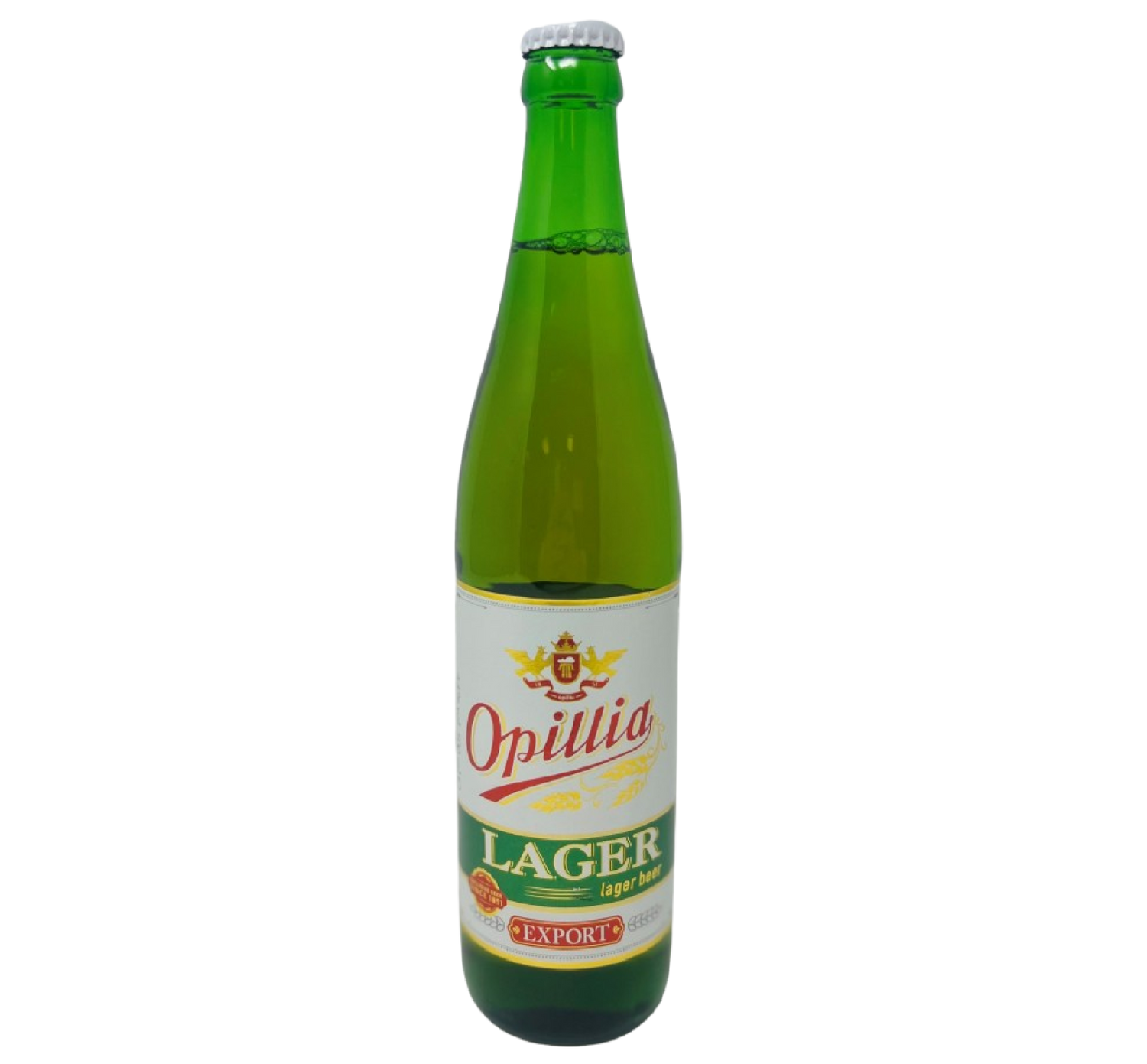 Green glass bottle of Opillia Lager Export beer with a white and green label featuring red and gold accents and the words “Opillia Lager Beer Export”.