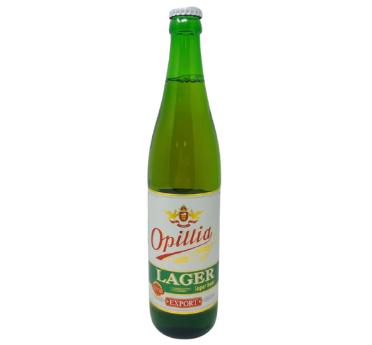 Green glass bottle of Opillia Lager Export beer with a white and green label featuring red and gold accents and the words “Opillia Lager Beer Export”.