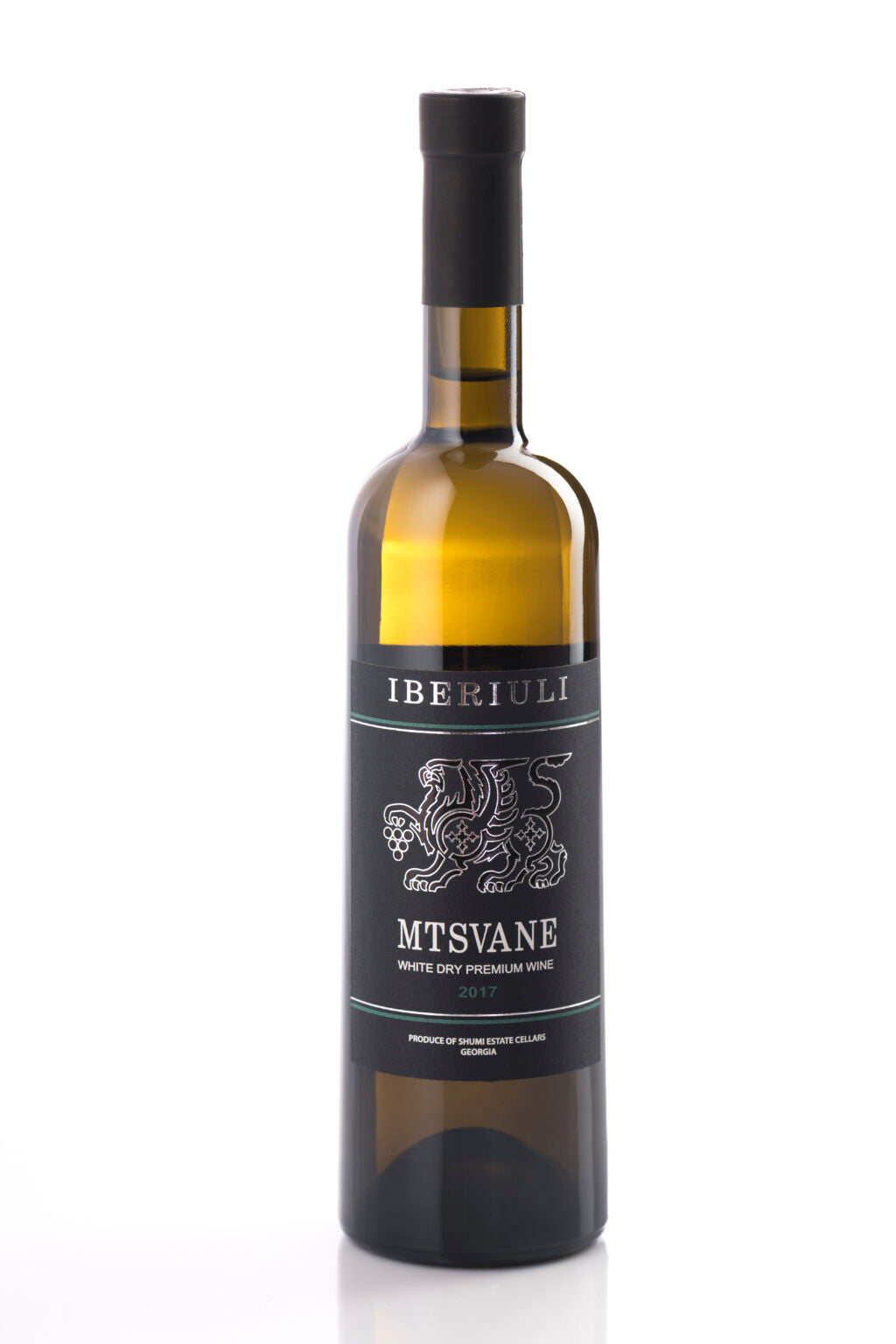 Bottle of Iberiuli Mtsvane White Dry Premium Wine 2017 from Georgia, featuring a black label with a mythical griffin emblem and bold silver typography.