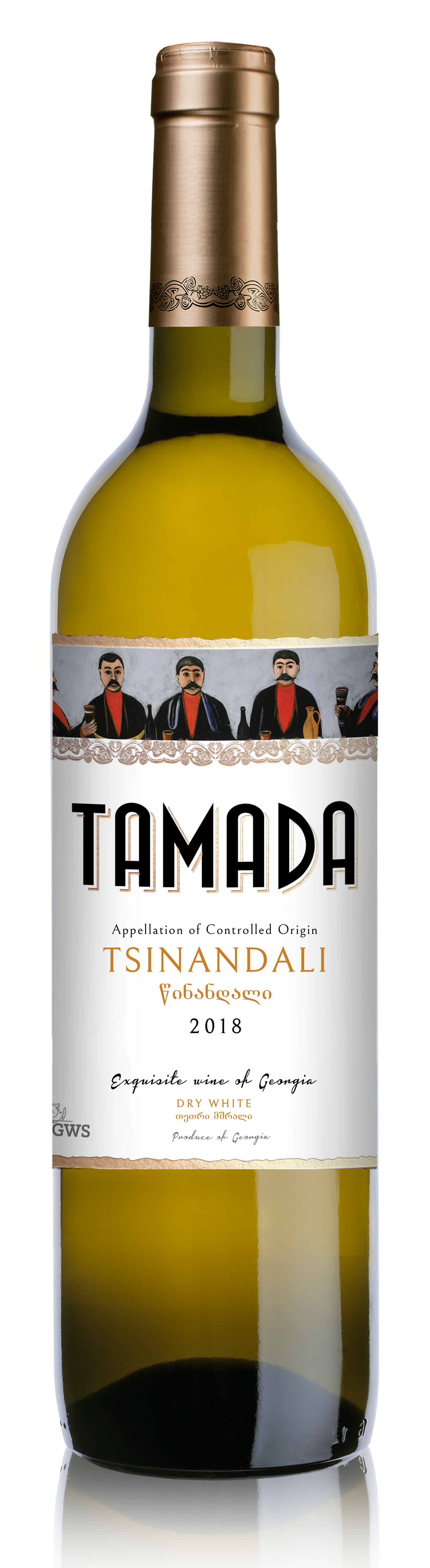 TAMADA Tsinandali 2018 – Georgian dry white wine bottle featuring Rkatsiteli and Mtsvane blend, with a traditional Georgian label and gold foil cap.