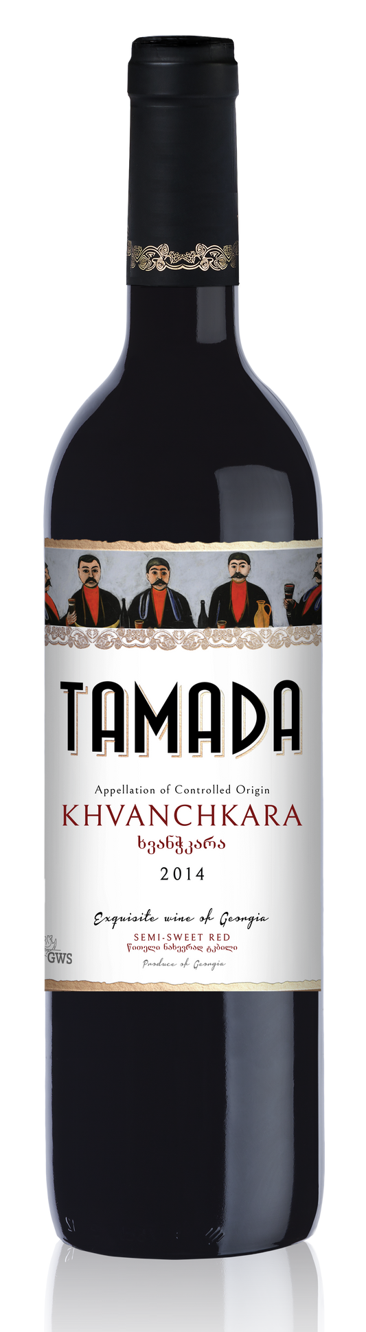 Tamada Khvanchkara Semi-Sweet Red Wine – Georgian blend of Aleksandrouli and Mujuretuli with light ruby color and traditional label design.