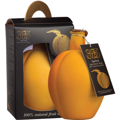 Studio image of 365 Apricot Semi-Sweet Wine in souvenir apricot-shaped bottle next to its black and gold retail packaging.