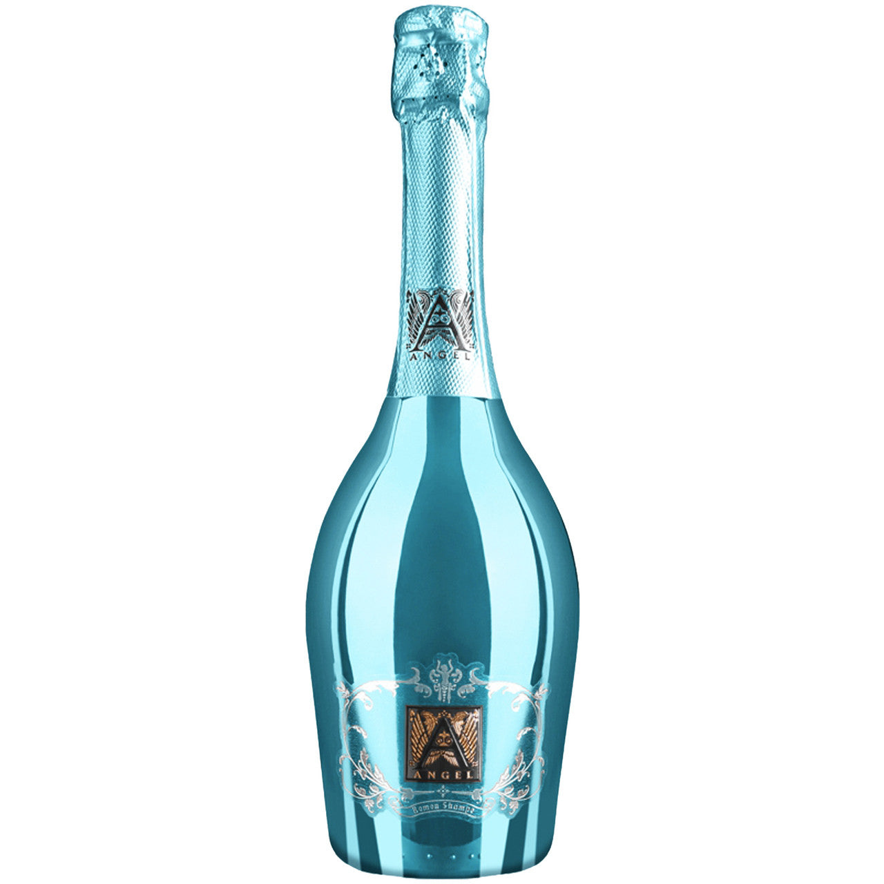 Alt Text:
Bottle of Bomon Shampe Angel Sapphire Sweet Sparkling Wine with a reflective metallic blue finish and embossed “A” logo on the label.