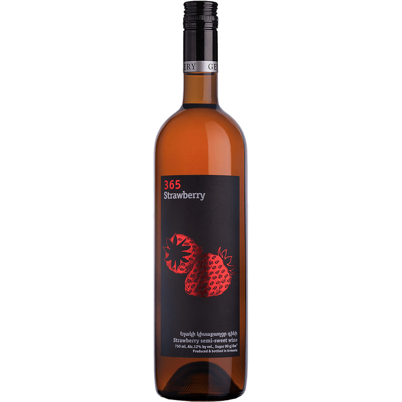 365 Strawberry semi-sweet fruit wine bottle with matte black label and bold red strawberry illustration.