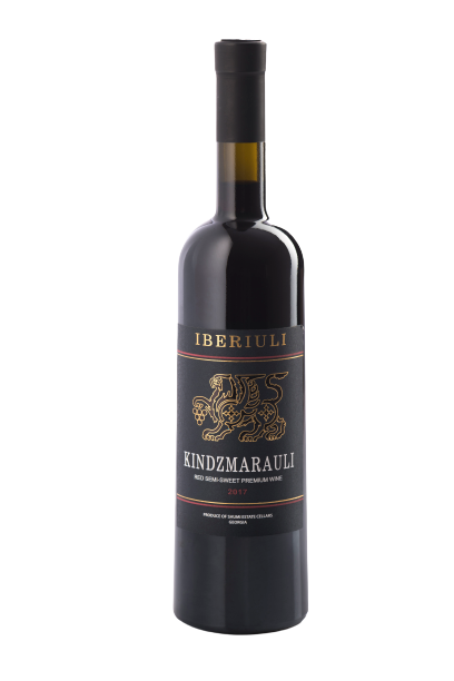 Bottle of Iberiuli Kindzmarauli Red Semi-Sweet Premium Wine 2017 from Georgia, featuring a black label with gold griffin artwork and red accent lines.
