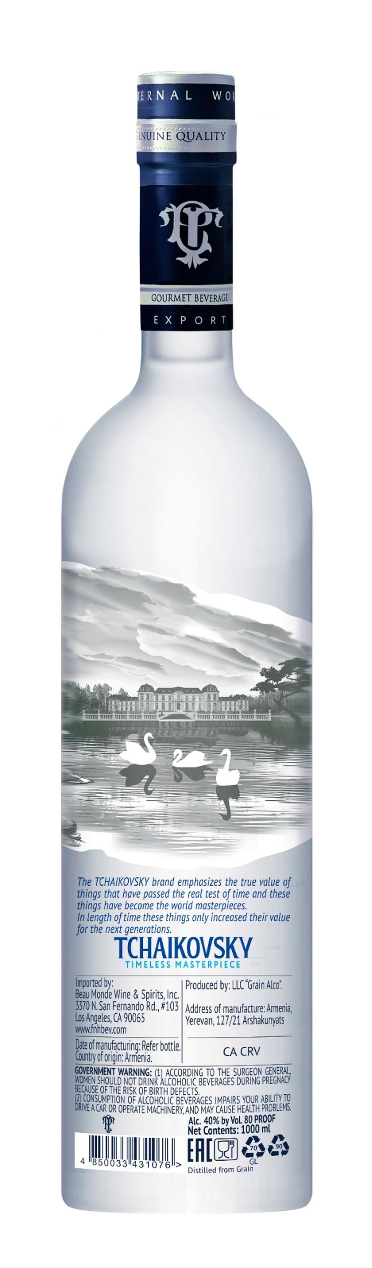 Tchaikovsky Vodka 1L bottle with detailed back label and branding.