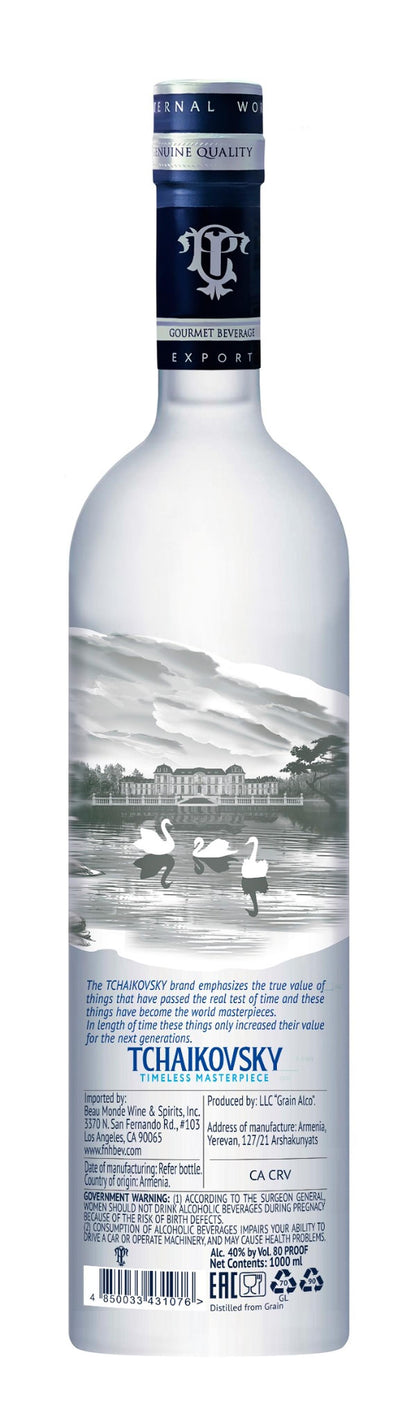 Tchaikovsky Vodka 1L bottle with detailed back label and branding.