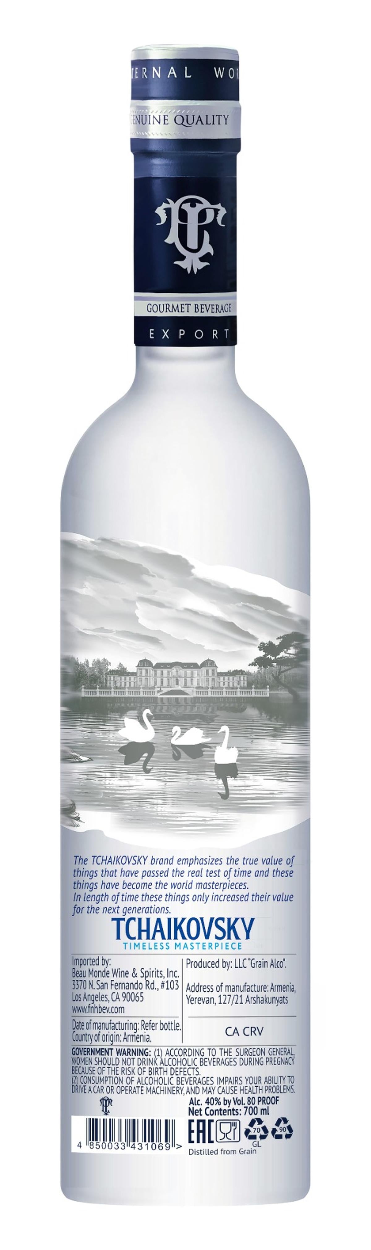 Back label of Tchaikovsky Vodka 700ml bottle showing brand story and swan illustration.