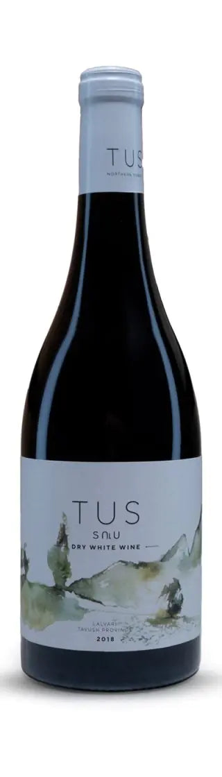 Bottle of TUS Dry White Wine 2018 from Tavush Province, Armenia, featuring a minimalistic label with mountain artwork and silver-gray capsule.